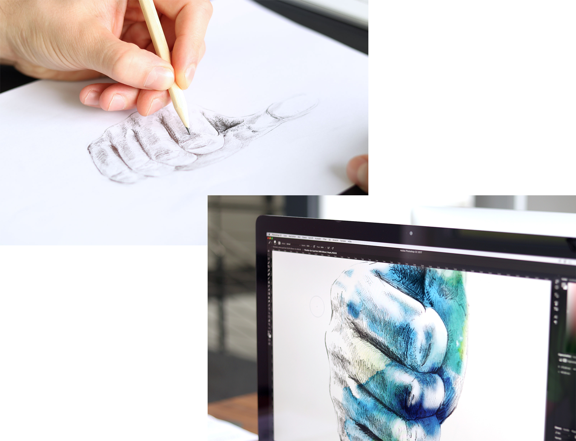 Stimmungsbild von einer Hand die gerade eine Bleistiftskizze anfertigt und später am Rechner koloriert