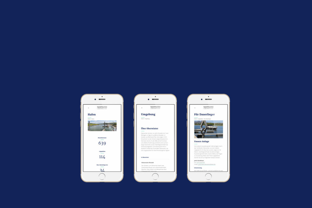 Mobiloptimierte Webseite Yachthafen Oberwinter in drei verschiedenen Ansichten