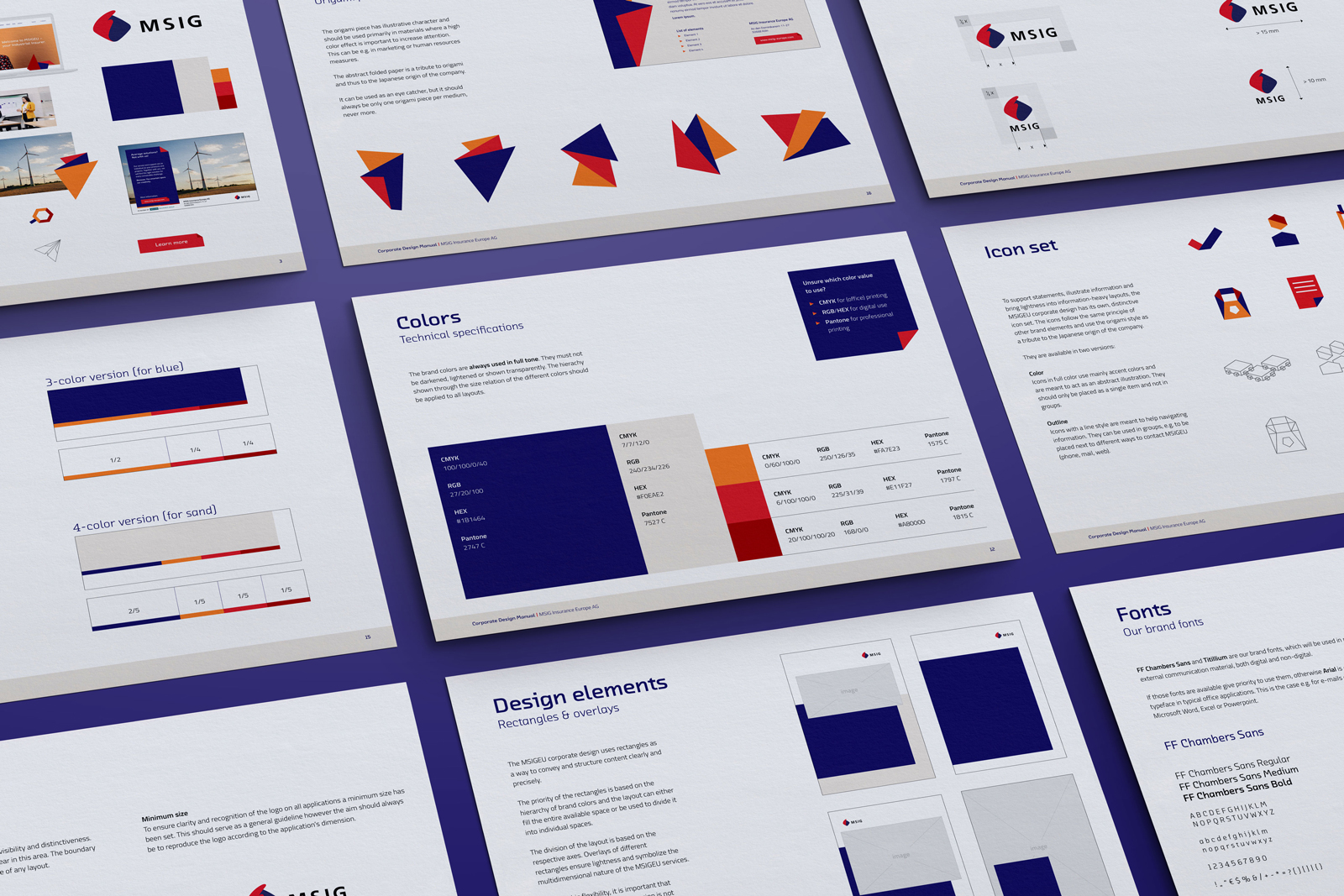 Isometrische Darstellung von neun Seiten aus dem MSIG Brand Manual mit Themen wie Colors, Icon Set, Design Elements und Fonts